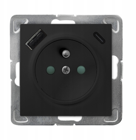 Picture of Gniazdo pojedyncze Ospel Impresja GP-1YZPUSBAC/m/33 z uziemieniem z przesonami torów prdowych z adowark USB A+C 250V 16A IP20 czarny metalik