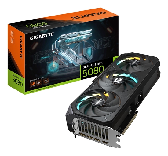 Изображение Graphics Card|GIGABYTE|NVIDIA GeForce RTX 5080|16 GB|GDDR7|256 bit|PCIE 5.0 16x|GPU 2617 MHz|Triple slot Fansink|1xHDMI|3xDisplayPort|GV-N5080GAMINGOC-16GD