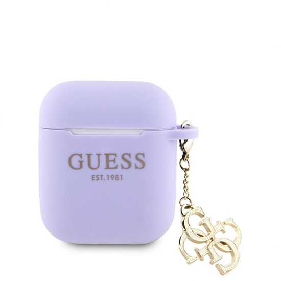 Picture of Guess Apple Airpods 1/2 Case Silicone Classic Logo Gold With 4G Charm Purple