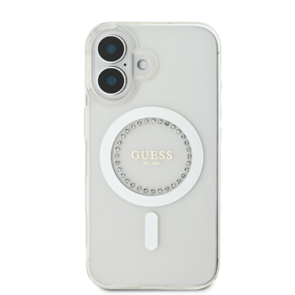 Attēls no Guess IML Rhinestones Ring MagSafe Case for iPhone 16 / White