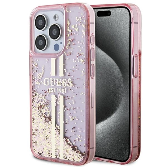 Picture of Guess Guess Liquid Glitter Gold Stripes case for iPhone 15 Pro - pink