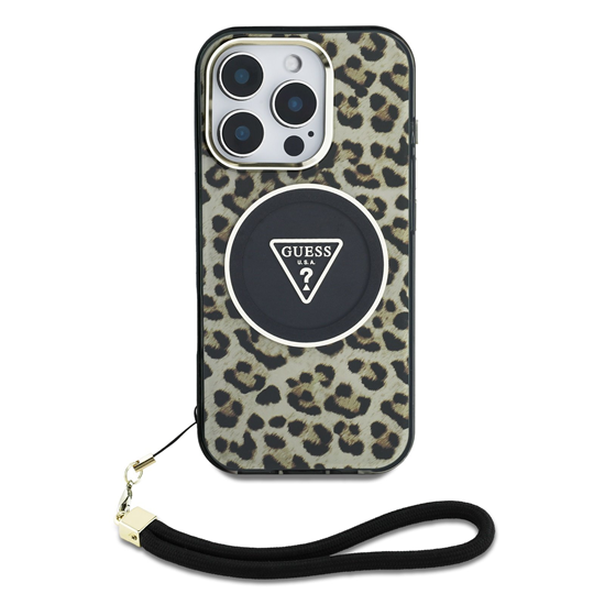 Picture of Guess IML Leopard Triangle Logo Strap MagSafe Case for Apple iPhone 16 Pro