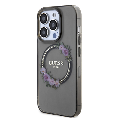 Attēls no Guess Apple iPhone 15 Pro PC TPU Flowers Ring Glossy Logo MagSafe Transparent Black