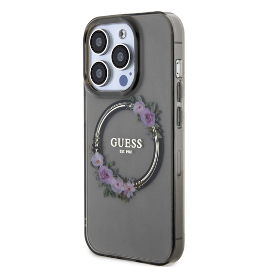 Picture of Guess Apple iPhone 15 Pro PC TPU Flowers Ring Glossy Logo MagSafe Transparent Black
