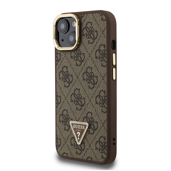 Picture of Guess PU 4G Strass Triangle Logo Stand Camera Frame MagSafe Case for iPhone 14 / Brown