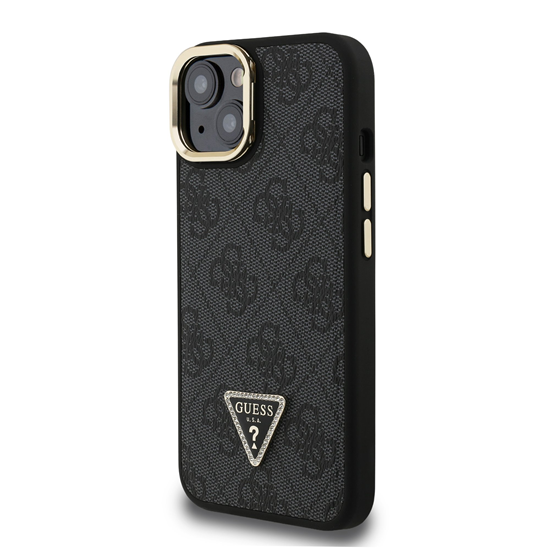Изображение Guess PU 4G Strass Triangle Logo Stand Camera Frame MagSafe Case for iPhone 15 / Black