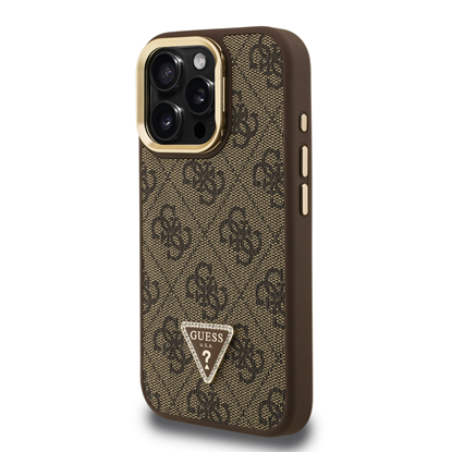 Attēls no Guess PU 4G Strass Triangle Logo Stand Camera Frame MagSafe Case for iPhone 15 Pro Max / Brown
