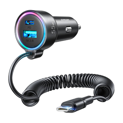 Attēls no Joyroom Joyroom 3 in 1 fast car charger with USB Type C cable 1.6m 60W black (JR-CL07)