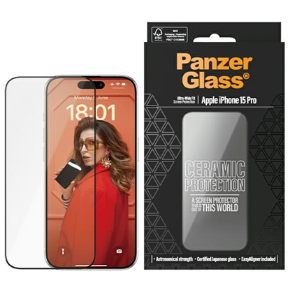 Picture of PanzerGlass | Screen protector | Apple | iPhone 15 Pro | Glass, Ceramic | Transparent | Ultra-Wide Fit w. EasyAligner