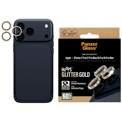 Изображение PanzerGlass ® Hoops® Glitter Gold Camera Lens Protector iPhone 17 Pro | iPhone 17 Pro Max | iPhone 16 Pro | 16 Pro Max Przezroczysta ochrona ekranu Apple 1 szt.