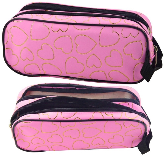 Picture of Piórnik Szkolny Biurowy Dwukomorowy Zote Serca Róowy 23,5x10 cm LEAN