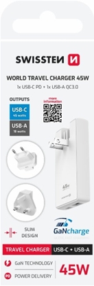 Изображение Swissten Travel Charger GaN USB-C / USB 45W (US/EU/UK)