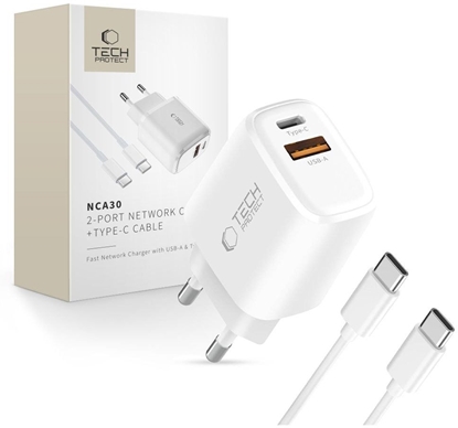 Attēls no Tech-Protect Tech-Protect NCA30 PD 30W QC3.0 USB-A / USB-C Wall Charger + USB-C / USB-C Cable 100cm - White