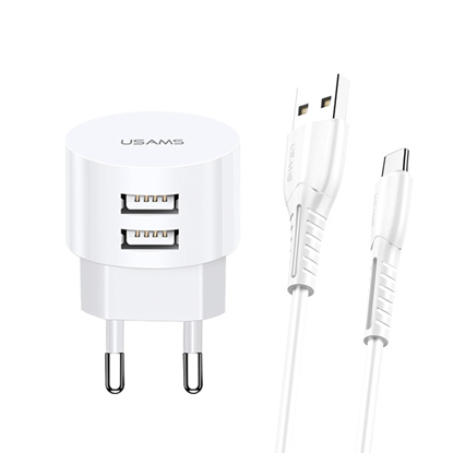 Picture of USAMS Ład. siec. 2xUSB T20 2,1A USB-C biały|white 