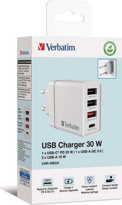 Attēls no Verbatim USB Wall Charger 30W 1xUSB-C PD 3xUSB-A weiß    49701