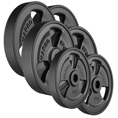 Attēls no 30mm svara diski Tri-Grip rubberized cast iron weight plates set 60 kg / 2 x 15 kg + 2 x 10 kg + 2 x 5 kg - Marbo Sport