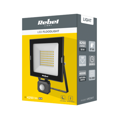 Attēls no Ārtelpu mitrumizturīgs LED prožektors 50W ar kustības un krēslas sensoru, 4000K, 120°, IP44