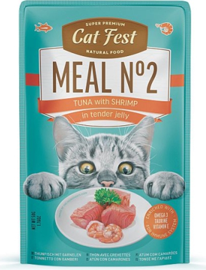 Picture of Catfest Cat Fest kons. Meal Nr2 Tuna with shrimps in tender jelly 50g - konservēta mitrā barība kaķiem, klusā okeāna tuncis un garneles maigā želejā.