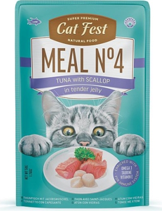 Picture of Catfest Cat Fest kons. Meal Nr4 Tuna with scallop in tender jelly 50g - konservēta mitrā barība kaķiem, klusā okeāna tuncis ar jūras ķemmītēm maigā želejā.
