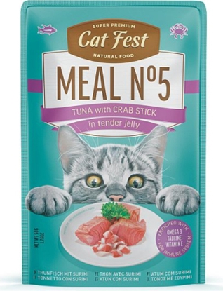 Attēls no Catfest Cat Fest kons. Meal Nr5 Tuna with crab stick in tender jellly 50g - konservēta mitrā barība kaķiem, klusā okeāna tuncis un krābju nūjiņas maigā želejā.