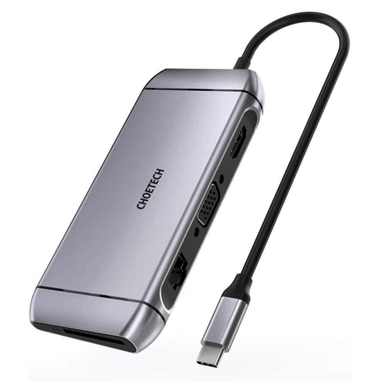 Picture of Choetech Choetech 9in1 multifunctional USB Type C HUB - 3x USB 3.2 Gen 1 / SD and TF memory card reader / HDMI 4K 30Hz / VGA Full HD 60Hz / USB Type C / RJ45 gray (HUB-M15 gray)