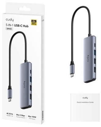 Attēls no Cudy UH405 PortMate USB-C 5-in-1 akotuvai, 4K HDMI, USB-C, PD, USB-A, 3.0, 2.0, aliuminio, pilkos spalvos