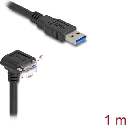 Picture of Delock USB 5 Gbps Cable USB Type-A male straight to USB Micro-B male 90° downwards angled with screw distance 18 mm 1 m black