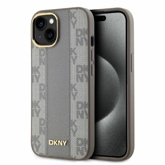Picture of DKNY DKNY Leather Checkered Mono Pattern MagSafe iPhone 15 Case - Beige