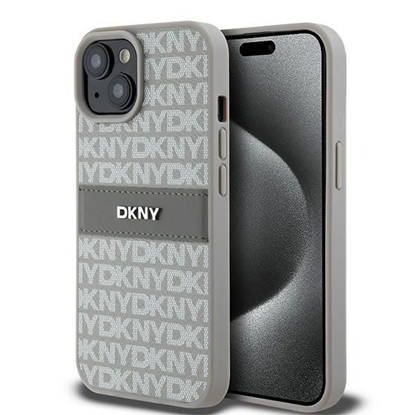 Attēls no DKNY DKNY Leather Mono Stripe & Metal Logo case for iPhone 15 Plus / 14 Plus - beige