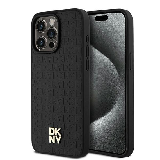 Picture of DKNY DKNY Leather Monogram Pattern Metal Logo MagSafe Case for iPhone 15 Pro Max - Black