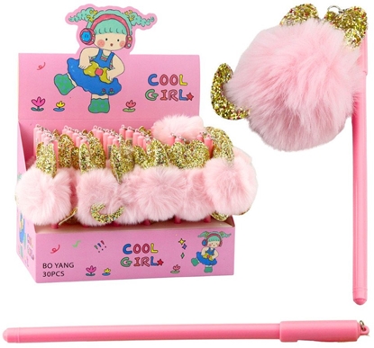 Изображение Dugopis elowy Zatyczka Z Róowym Pomponem Niebieski Tusz 17cm 0.5mm LEAN