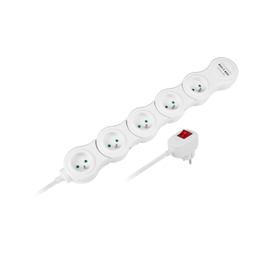 Изображение Elektrības Pagarinātājs (ergonomiskais) Rebel, 5 kontaktligzdas, 2x USB uzlādes porti, 1.5 m kabelis