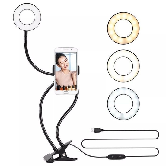 Picture of Elight TF Desk Clip Live Stream Selfie 11cm Ring LED Light Flash flexi 30cm tube Phone Holder Black