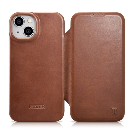 Picture of iCarer iCarer CE Oil Wax Premium Leather Folio Case iPhone 14 Plus magnetic flip case MagSafe brown (AKI14220707-BN)