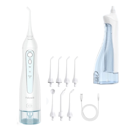 Attēls no Riff RF-FW1 bezvadu IPX7 irigators ar 3 režīmiem / 7 uzgaļiem / 1400mAh / 5W / 300ml ūdens tvertnei White