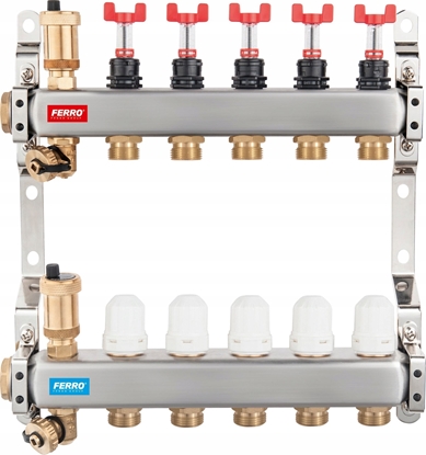 Picture of Rozdzielacz ze stali nierdzewnej 1 12-drogowy z zaworami termostatycznymi, przepywomierzami, odpowietrznikami automatycznymi, zaworami spustowymi, nyplami 3/4