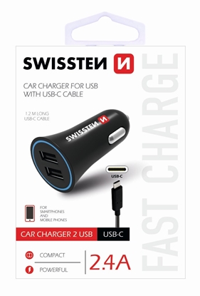 Изображение Swissten Car charger 12 / 24V / 1A + 2.1A + USB-C Data Cable 1m