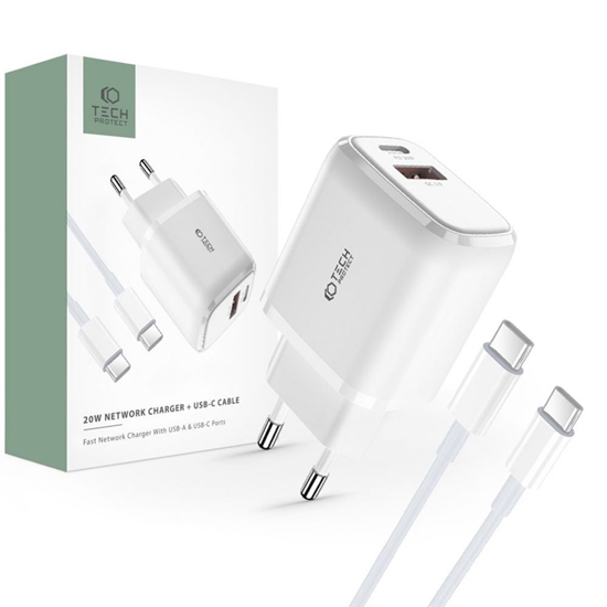 Picture of Tech-Protect Tech-Protect C20W USB-C PD 20W / USB-A QC 3.0 charger with USB-C / USB-C cable - white
