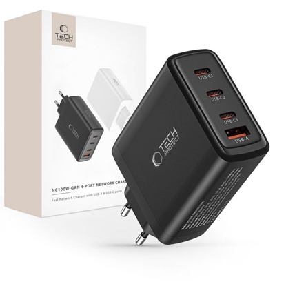 Attēls no Tech-Protect Tech-Protect NC100W-GAN charger network GaN 3x USB-C PD 100W / USB-A QC 3.0 - black