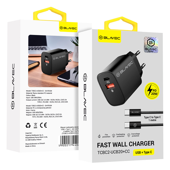 Picture of Blavec Wall charger BC2 - USB + Type C - QC 3.0 PD