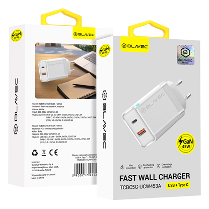 Attēls no Blavec Wall charger BC5 GaN - USB + Type C - PD QC
