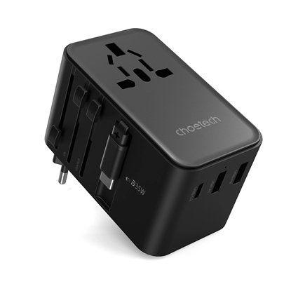 Attēls no Choetech Choetech PD5020 35W EU/US/AUS/UK Travel Adapter with Built-in USB-C Cable - Black