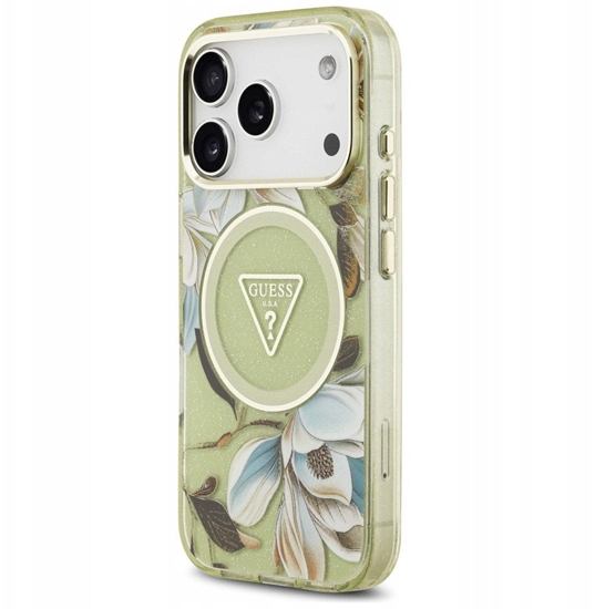 Picture of Etui Guess IML Glitter Flowers Triangle MagSafe do iPhone 17 Pro zielony