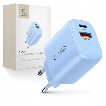 Picture of adowarka sieciowa Tech-Protect NCA30 USB-A, USB-C Network Charger PD 30W / QC3.0 Baby Blue