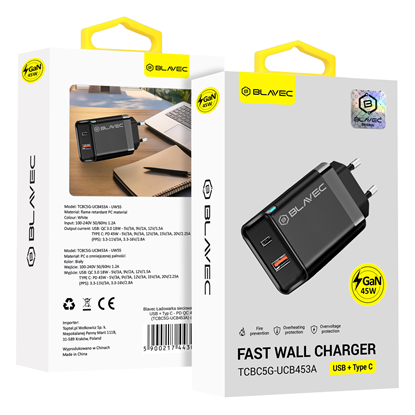 Attēls no Blavec Wall charger BC5 GaN - USB + Type C - PD QC