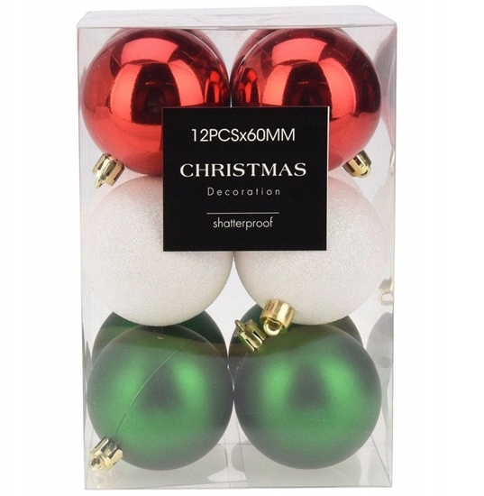 Picture of Bombki choinkowe nietukce czerwone zielone biae 6 cm 12 szt.