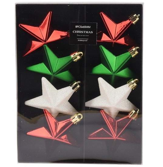 Picture of Bombki choinkowe nietukce gwiazdki czerwone zielone biae 6,5 cm 8 szt.