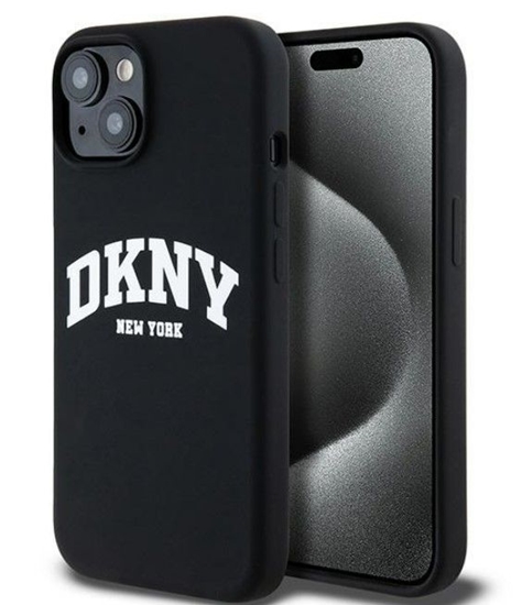Picture of DKNY Apple iPhone 15 hardcase Liquid Silicone White Printed Logo MagSafe Black