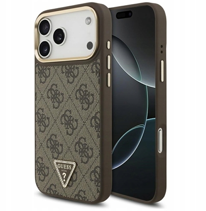 Изображение Guess PU Leather 4G Strass Triangle Logo Gold Frame MagSafe Case for iPhone 17 Pro Max / Brown
