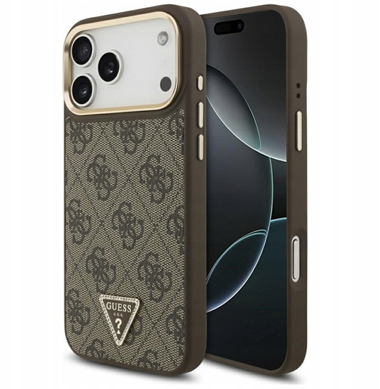 Изображение Guess PU Leather 4G Strass Triangle Logo Gold Frame MagSafe Case for iPhone 17 Pro Max / Brown